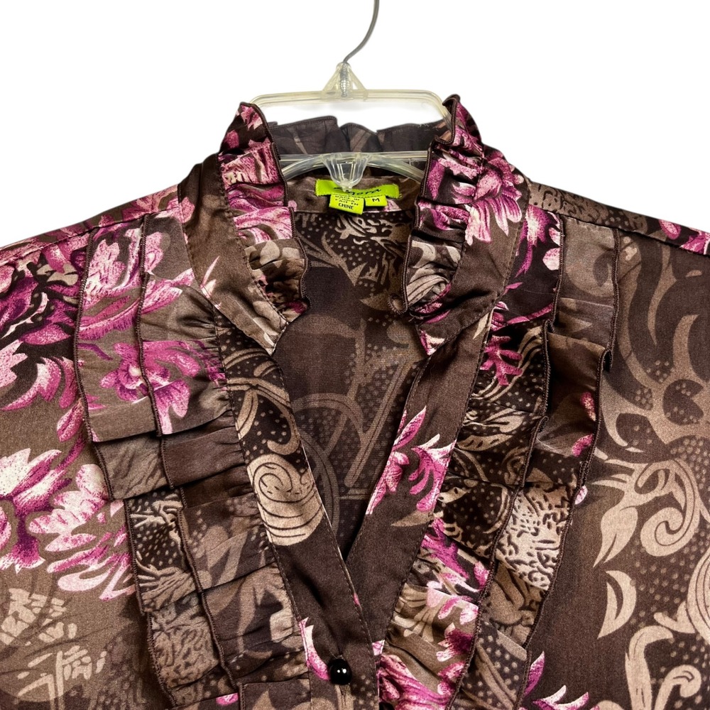 Agora Brown Floral Ruffle Collar Long Sleeve Blouse Size M Regency Cottagecore - Picture 4 of 9